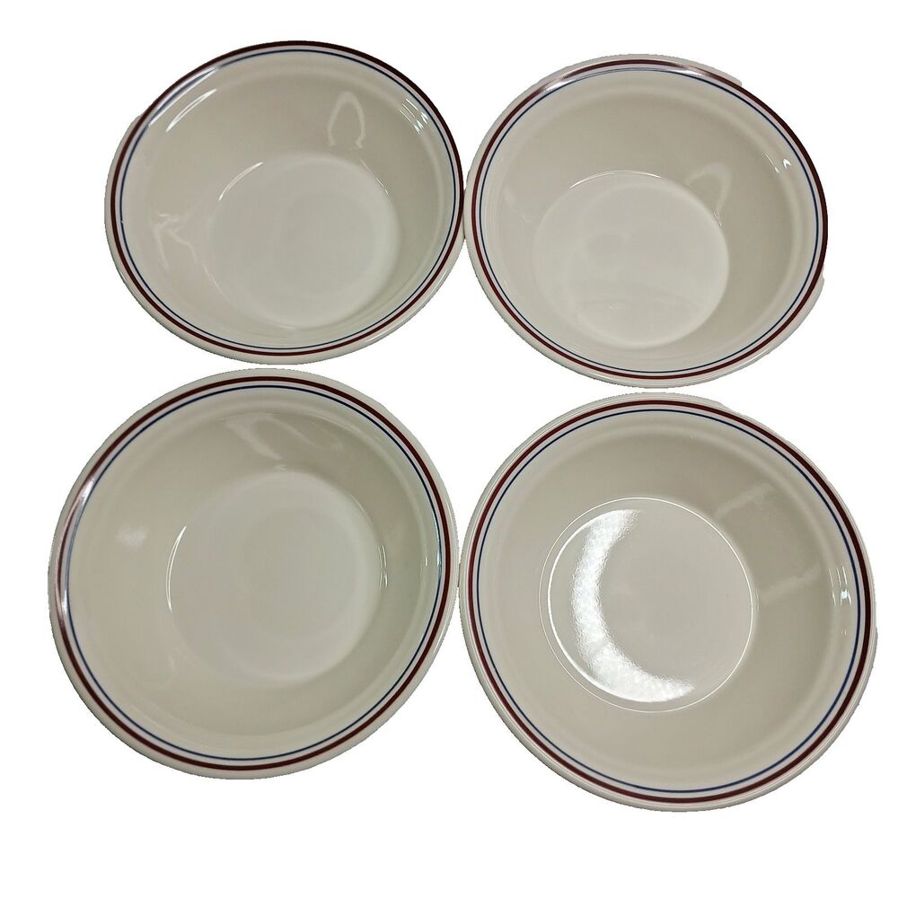 4 Corelle Corning Abundance Soup Cereal Bowls Vintage Burgandy Navy Rim Beige #1